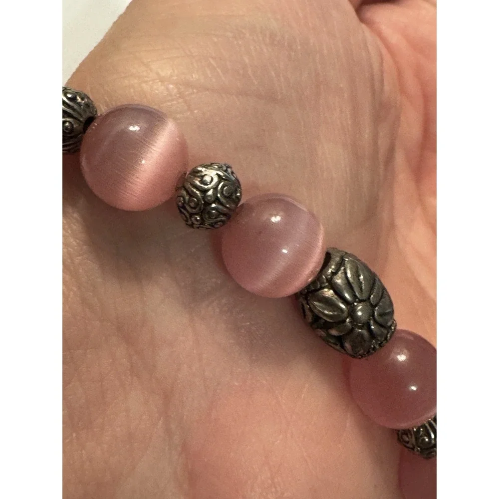 Stretch Silver Tone and Pink Beaded Bracelet Rose Fairy Boho‎ Cottage Feminine